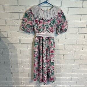 Vintage 90s Caroline Classics Floral Puff Sleeve Scalloped Collar Dress Girls L
